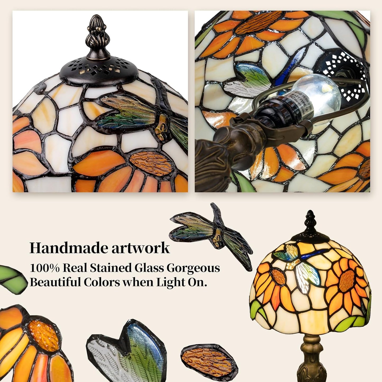 Tiffany Table Lamp,3 Color-Temperature Sunflower Stained Glass Lamp,8 Inch Tiffany Style Lamp for Bedroom Living Room Home, Handcrafted Light, Included Bulb (Yellow Sunflower)