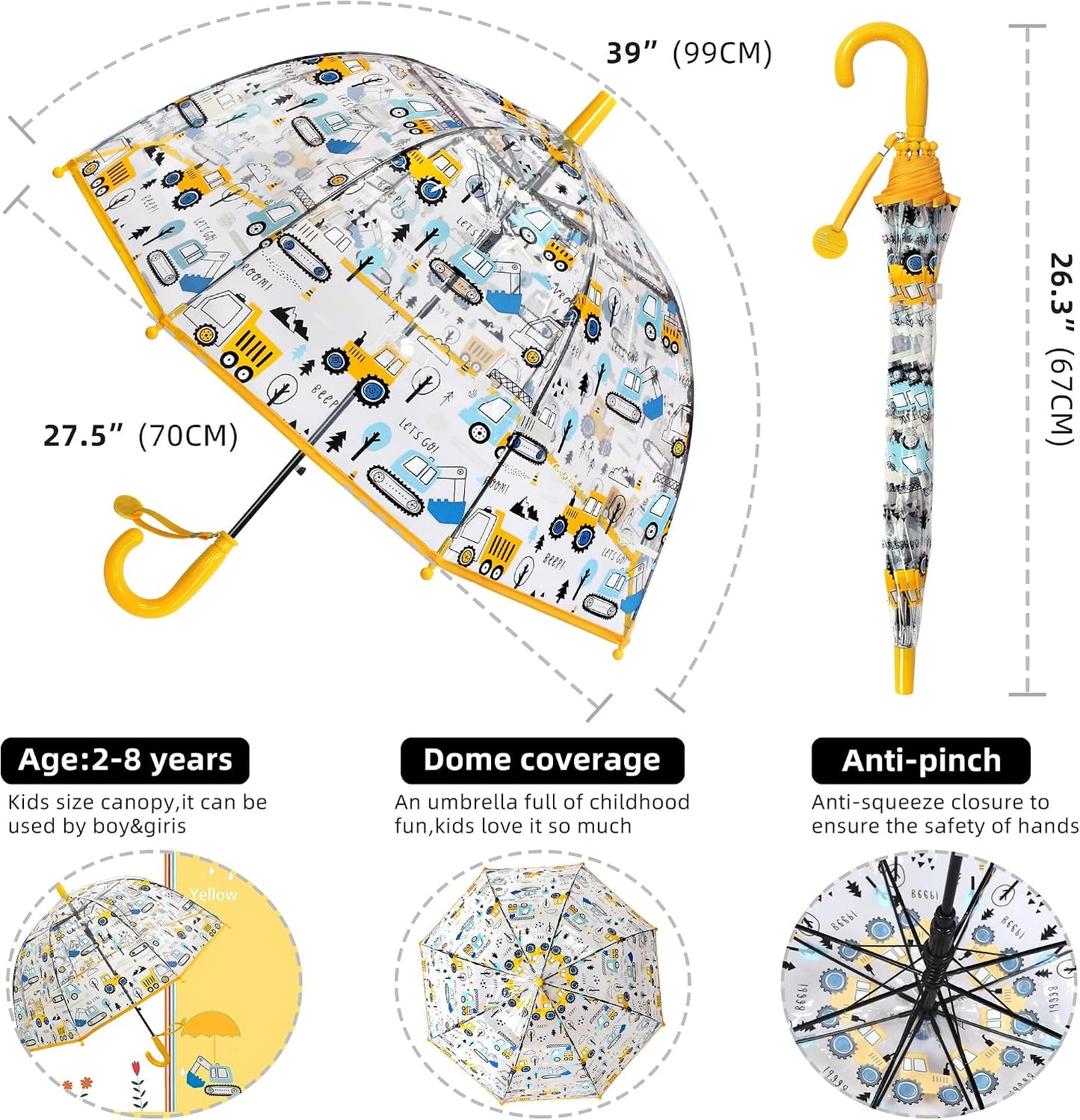 Kids Clear Umbrellas for Rain Dome Bubble Umbrella Windproof for Kids Boys and Girls
