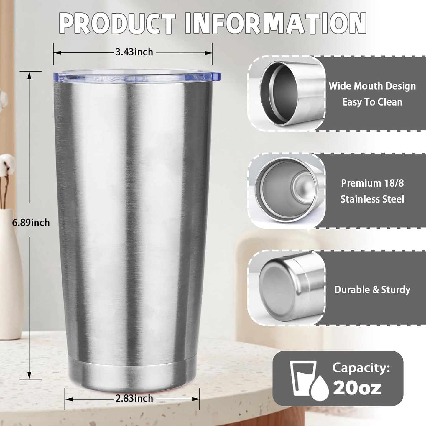 20 oz Tumbler with Lids and Straws, Stainless Steel Insulated Coffee Tumbler, Double Wall Vacuum Insulated Travel Mug Cup, Leakproof Thermal Coffee Cup for Hot and Cold Drinks (Yellow)