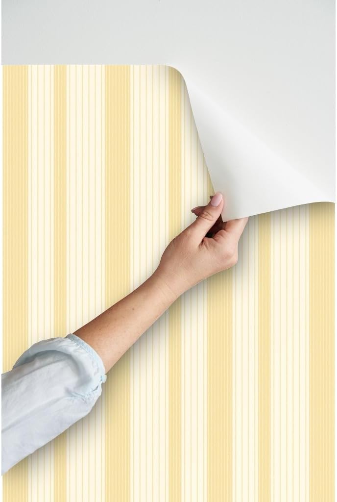 French Ticking Pre-Pasted Removable Wallpaper | Sample 12" x 24" | Yellow Cream Cosmic Latte Country House | Self-adhesive, removable and renter-friendly