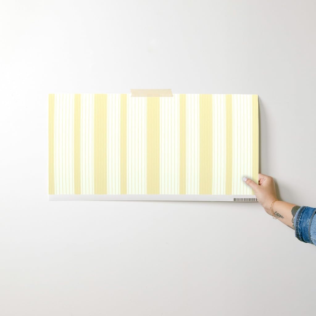 French Ticking Pre-Pasted Removable Wallpaper | Sample 12" x 24" | Yellow Cream Cosmic Latte Country House | Self-adhesive, removable and renter-friendly