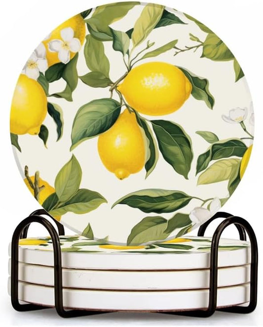 Drink Coasters Set of 4 with Holder Lemon and Lemon Tree Leaves Pattern On White Background Water Absorbent Ceramic Coaster Cork Base,Suitable for Wedding Banquets,Kitchen and Bar Decoration