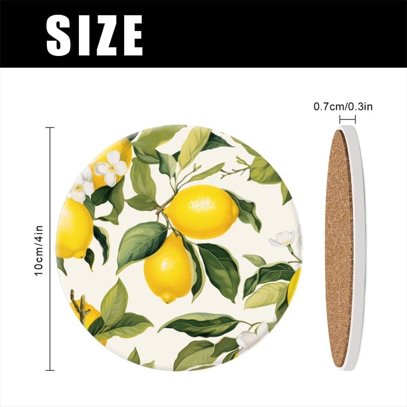 Drink Coasters Set of 4 with Holder Lemon and Lemon Tree Leaves Pattern On White Background Water Absorbent Ceramic Coaster Cork Base,Suitable for Wedding Banquets,Kitchen and Bar Decoration