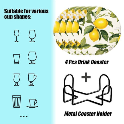 Drink Coasters Set of 4 with Holder Lemon and Lemon Tree Leaves Pattern On White Background Water Absorbent Ceramic Coaster Cork Base,Suitable for Wedding Banquets,Kitchen and Bar Decoration