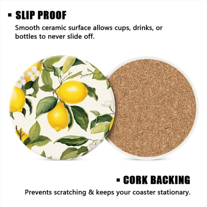 Drink Coasters Set of 4 with Holder Lemon and Lemon Tree Leaves Pattern On White Background Water Absorbent Ceramic Coaster Cork Base,Suitable for Wedding Banquets,Kitchen and Bar Decoration