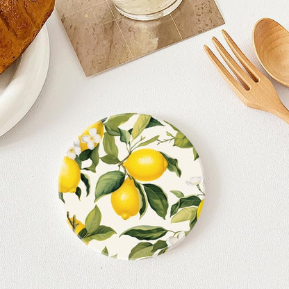 Drink Coasters Set of 4 with Holder Lemon and Lemon Tree Leaves Pattern On White Background Water Absorbent Ceramic Coaster Cork Base,Suitable for Wedding Banquets,Kitchen and Bar Decoration