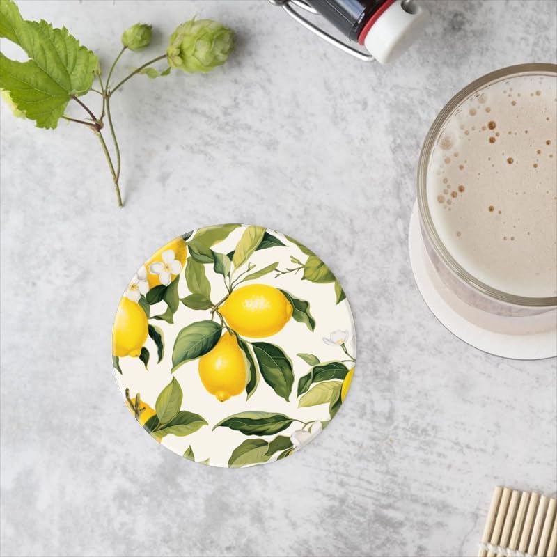 Drink Coasters Set of 4 with Holder Lemon and Lemon Tree Leaves Pattern On White Background Water Absorbent Ceramic Coaster Cork Base,Suitable for Wedding Banquets,Kitchen and Bar Decoration