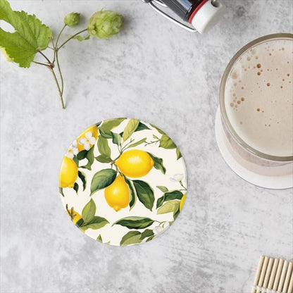 Drink Coasters Set of 4 with Holder Lemon and Lemon Tree Leaves Pattern On White Background Water Absorbent Ceramic Coaster Cork Base,Suitable for Wedding Banquets,Kitchen and Bar Decoration
