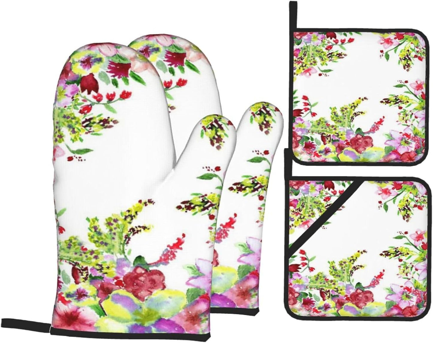 Watercolor Red and Yellow Flowers 4 Pack Custom Design Oven Mitts Pot Holders Set, Thick Polyester Kitchen Gloves for Home Baking Backyard Grilling