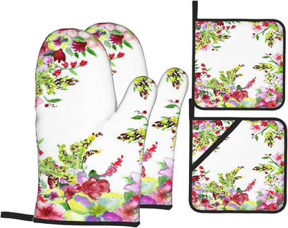 Watercolor Red and Yellow Flowers 4 Pack Custom Design Oven Mitts Pot Holders Set, Thick Polyester Kitchen Gloves for Home Baking Backyard Grilling