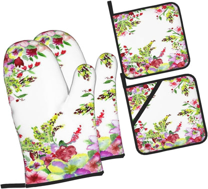 Watercolor Red and Yellow Flowers 4 Pack Custom Design Oven Mitts Pot Holders Set, Thick Polyester Kitchen Gloves for Home Baking Backyard Grilling