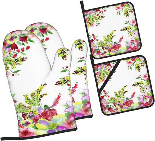 Watercolor Red and Yellow Flowers 4 Pack Custom Design Oven Mitts Pot Holders Set, Thick Polyester Kitchen Gloves for Home Baking Backyard Grilling