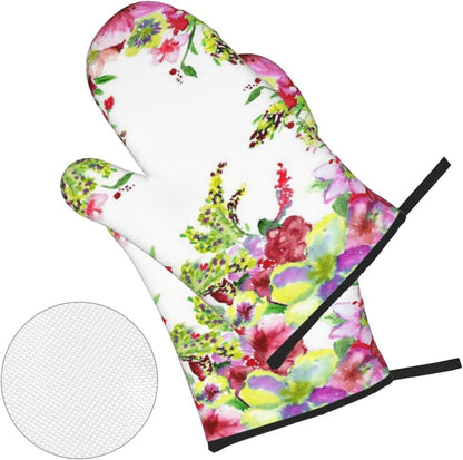 Watercolor Red and Yellow Flowers 4 Pack Custom Design Oven Mitts Pot Holders Set, Thick Polyester Kitchen Gloves for Home Baking Backyard Grilling