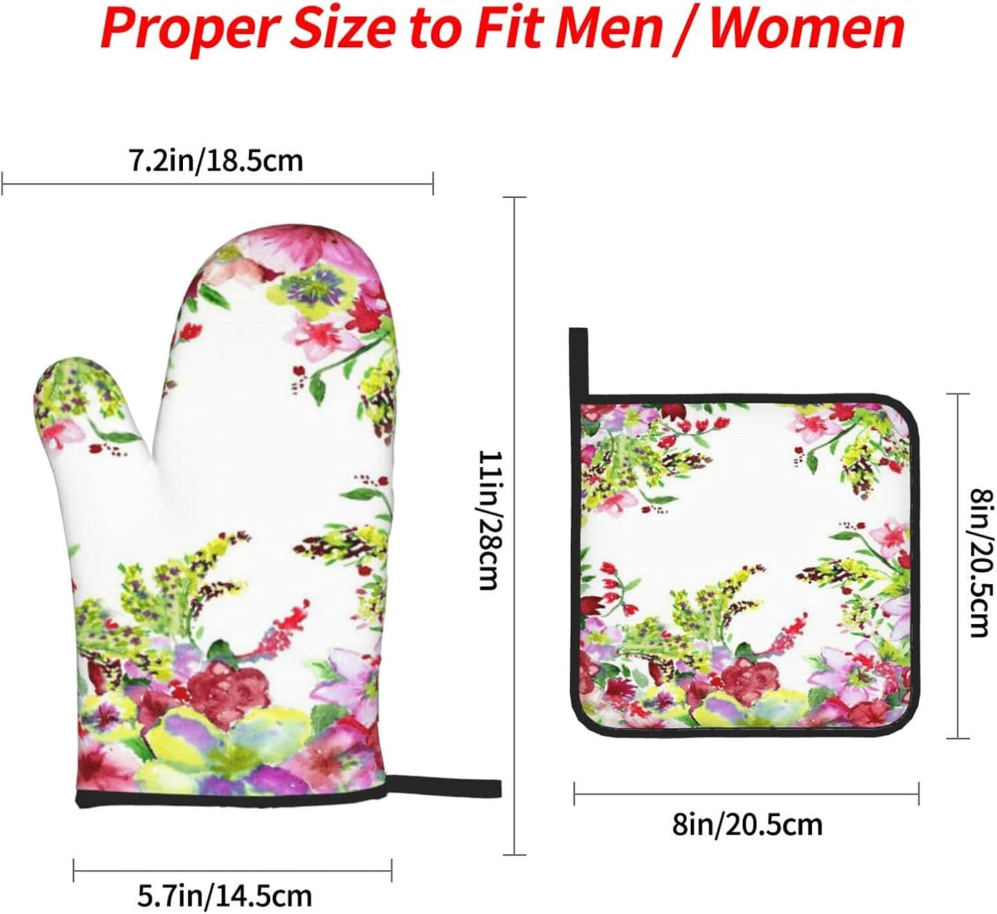 Watercolor Red and Yellow Flowers 4 Pack Custom Design Oven Mitts Pot Holders Set, Thick Polyester Kitchen Gloves for Home Baking Backyard Grilling