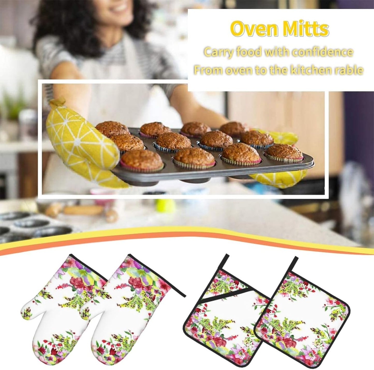 Watercolor Red and Yellow Flowers 4 Pack Custom Design Oven Mitts Pot Holders Set, Thick Polyester Kitchen Gloves for Home Baking Backyard Grilling
