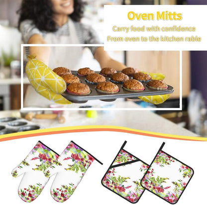 Watercolor Red and Yellow Flowers 4 Pack Custom Design Oven Mitts Pot Holders Set, Thick Polyester Kitchen Gloves for Home Baking Backyard Grilling