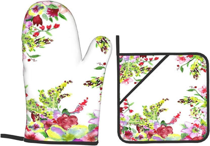 Watercolor Red and Yellow Flowers 4 Pack Custom Design Oven Mitts Pot Holders Set, Thick Polyester Kitchen Gloves for Home Baking Backyard Grilling