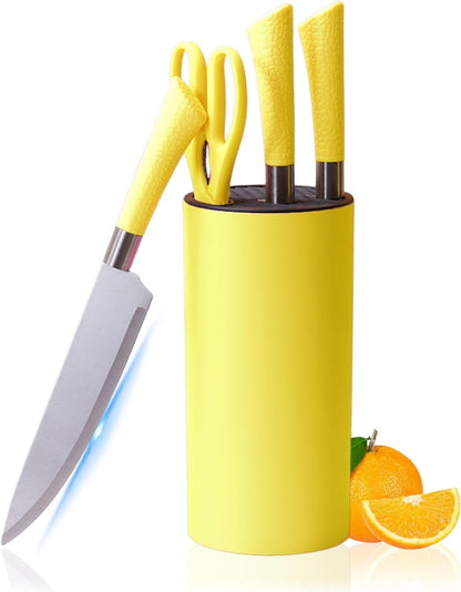 Kitchen Knife Set, 7 Pcs Yellow Cooking Knife Set with Round Block, Sharp Stainless Steel Knives Set for Kitchen with Ergonomic Handle, Professional Chef Knife Set for Home Family Restaurant (Yellow)