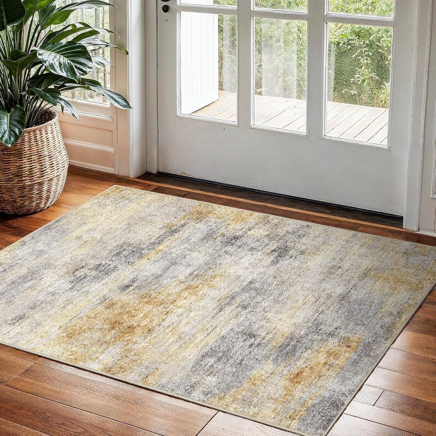 2x3 Washable Entryway Area Rug: Modern Abstract Small Runner Rug for Hallway Soft Non Slip Door Mat with Rubber Backing Low Pile Thin Floor Carpet for Kitchen Bathroom Bedroom Indoor(Grey/Yellow,2x3)