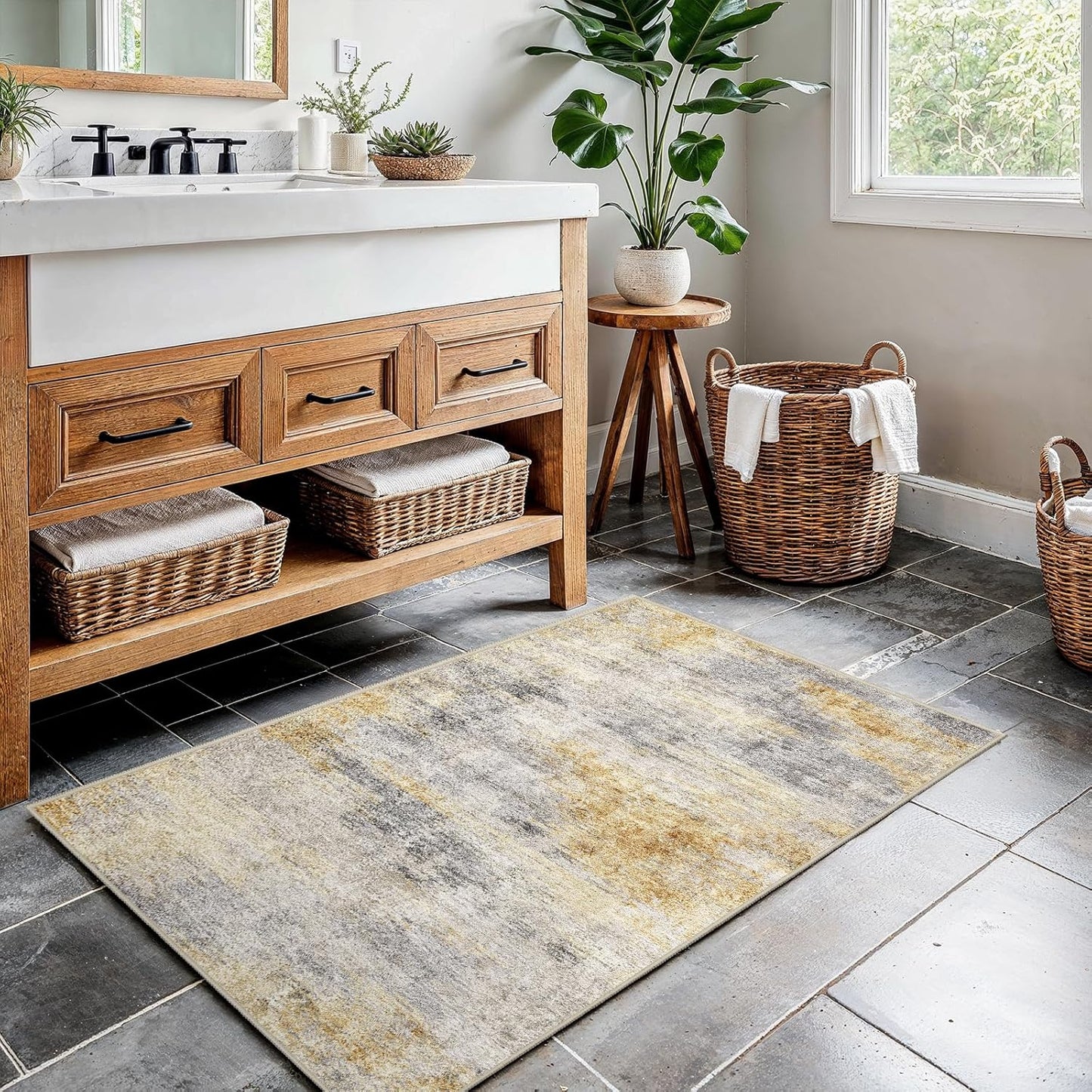 2x3 Washable Entryway Area Rug: Modern Abstract Small Runner Rug for Hallway Soft Non Slip Door Mat with Rubber Backing Low Pile Thin Floor Carpet for Kitchen Bathroom Bedroom Indoor(Grey/Yellow,2x3)