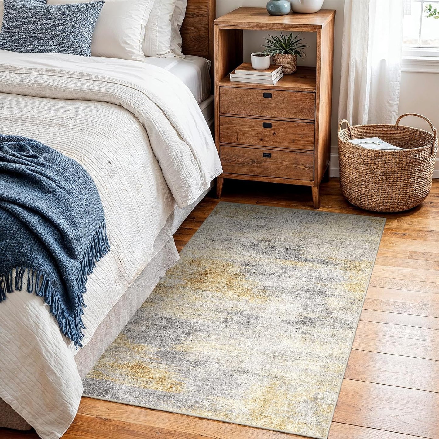 2x3 Washable Entryway Area Rug: Modern Abstract Small Runner Rug for Hallway Soft Non Slip Door Mat with Rubber Backing Low Pile Thin Floor Carpet for Kitchen Bathroom Bedroom Indoor(Grey/Yellow,2x3)