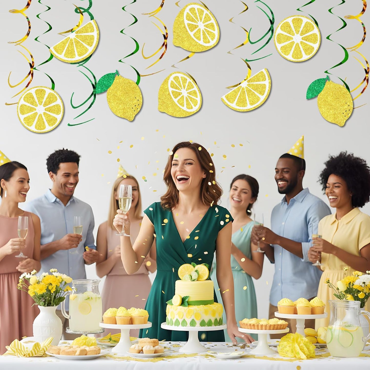 16 Pcs Lemon Hanging Swirls Decorations, Lemonade Glitter Foil Spiral Decor, Summer Fruit Theme Hanging Swirls Ceiling Streamers for Bridal Baby Shower Bachelorette Birthday Party Supplies