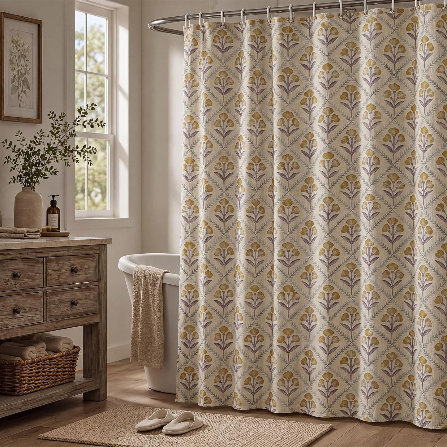 Vintage Floral Linen Blend Shower Curtain 72x72 Inches Mustard Yellow Rustic Farmhouse Bathroom Curtain with 12 Plastic Hooks Retro Botanical Print Bath Curtains for Bathroom