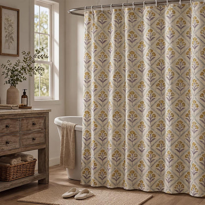 Vintage Floral Linen Blend Shower Curtain 72x72 Inches Mustard Yellow Rustic Farmhouse Bathroom Curtain with 12 Plastic Hooks Retro Botanical Print Bath Curtains for Bathroom