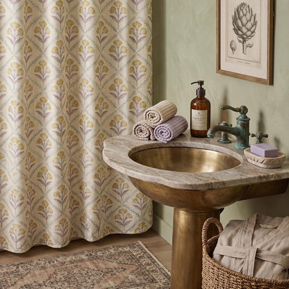 Vintage Floral Linen Blend Shower Curtain 72x72 Inches Mustard Yellow Rustic Farmhouse Bathroom Curtain with 12 Plastic Hooks Retro Botanical Print Bath Curtains for Bathroom