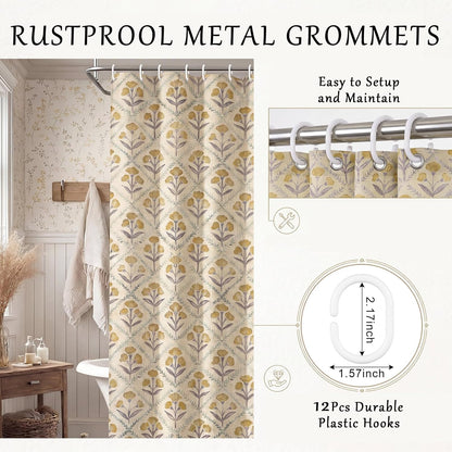 Vintage Floral Linen Blend Shower Curtain 72x72 Inches Mustard Yellow Rustic Farmhouse Bathroom Curtain with 12 Plastic Hooks Retro Botanical Print Bath Curtains for Bathroom