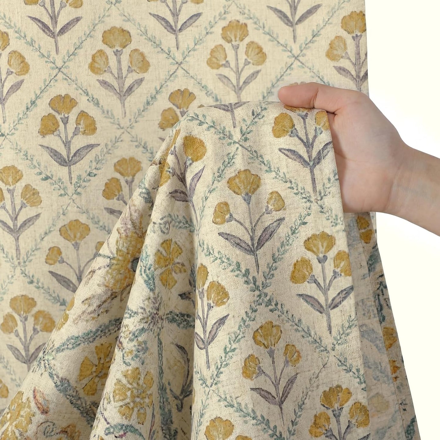 Vintage Floral Linen Blend Shower Curtain 72x72 Inches Mustard Yellow Rustic Farmhouse Bathroom Curtain with 12 Plastic Hooks Retro Botanical Print Bath Curtains for Bathroom
