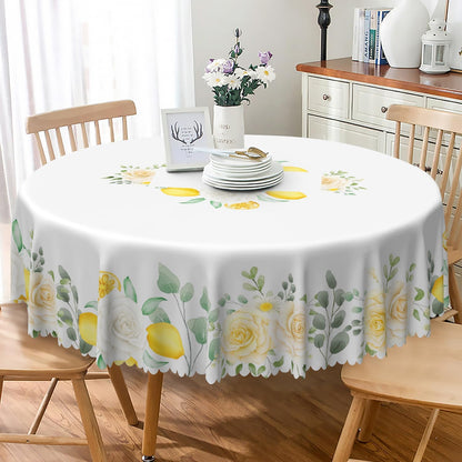 Summer Lemon Round Tablecloth 70 Inch Fresh Lemon Floral Green Leaves Farmhouse Table Cover Waterproof Stain Resistant Table Cloth for Dining Room Kitchen Patio Indoor Outdoor Party Decor