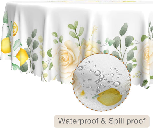 Summer Lemon Round Tablecloth 70 Inch Fresh Lemon Floral Green Leaves Farmhouse Table Cover Waterproof Stain Resistant Table Cloth for Dining Room Kitchen Patio Indoor Outdoor Party Decor