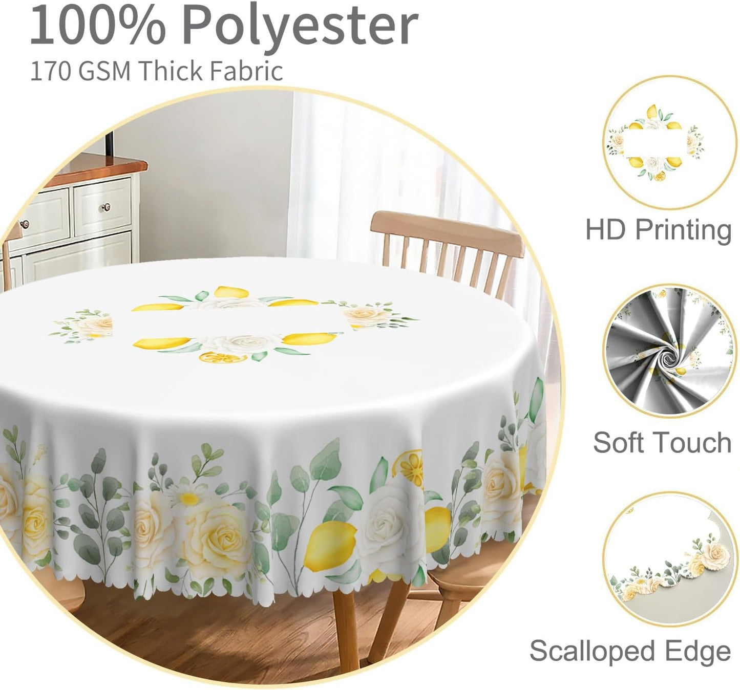 Summer Lemon Round Tablecloth 70 Inch Fresh Lemon Floral Green Leaves Farmhouse Table Cover Waterproof Stain Resistant Table Cloth for Dining Room Kitchen Patio Indoor Outdoor Party Decor