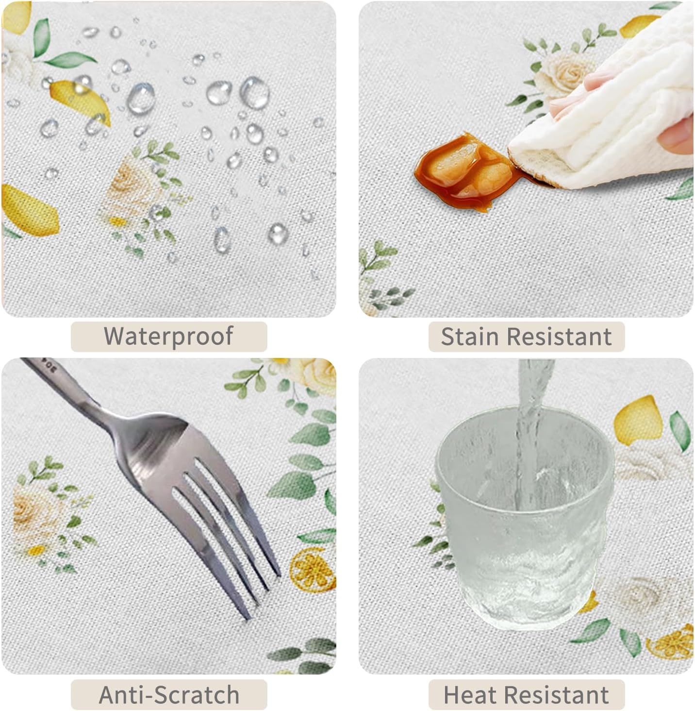 Summer Lemon Round Tablecloth 70 Inch Fresh Lemon Floral Green Leaves Farmhouse Table Cover Waterproof Stain Resistant Table Cloth for Dining Room Kitchen Patio Indoor Outdoor Party Decor