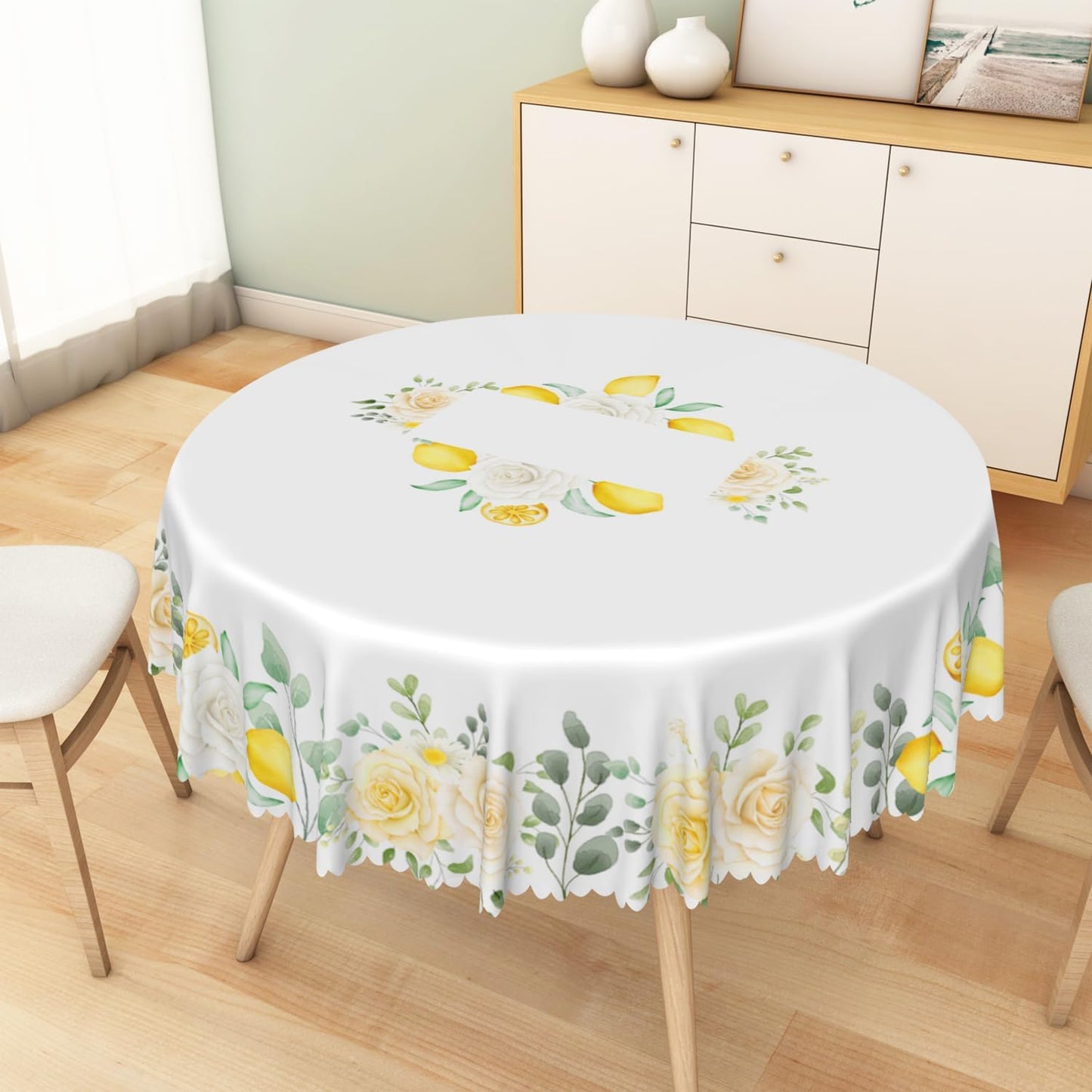 Summer Lemon Round Tablecloth 70 Inch Fresh Lemon Floral Green Leaves Farmhouse Table Cover Waterproof Stain Resistant Table Cloth for Dining Room Kitchen Patio Indoor Outdoor Party Decor