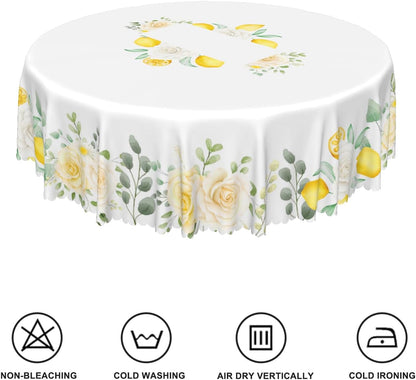 Summer Lemon Round Tablecloth 70 Inch Fresh Lemon Floral Green Leaves Farmhouse Table Cover Waterproof Stain Resistant Table Cloth for Dining Room Kitchen Patio Indoor Outdoor Party Decor