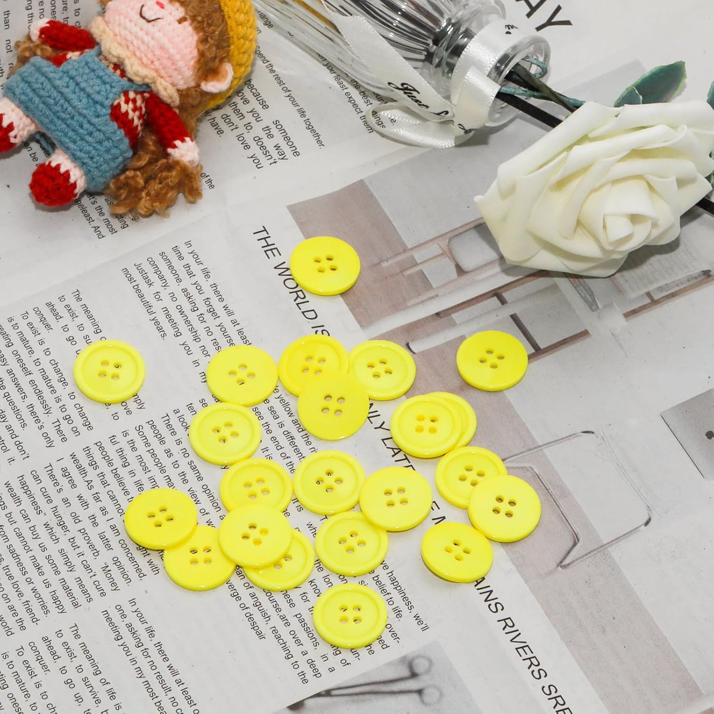 50 PCS 5/8 inch Resin Buttons for Crafts, 4 Holes Yellow Buttons, for Sewing, DIY, Crafts Scrapbooking (Light Yellow)