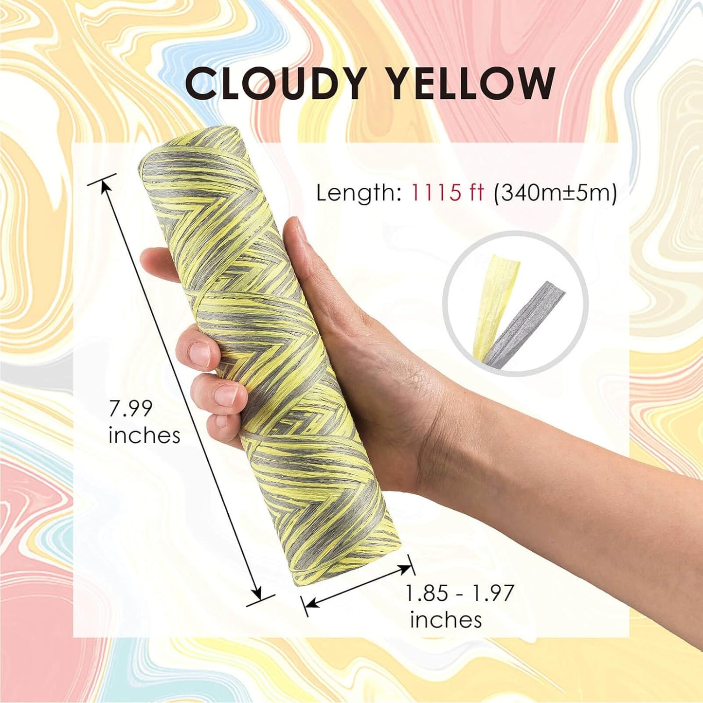 371 Yards Paper Raffia Ribbon, 3 mm Wide Twisted Natural Ribbon Paper String, Paper Twine Craft String for Gift Wrapping Packing, Raffia Yarn for Crocheting DIY Décor, Cloudy Yellow