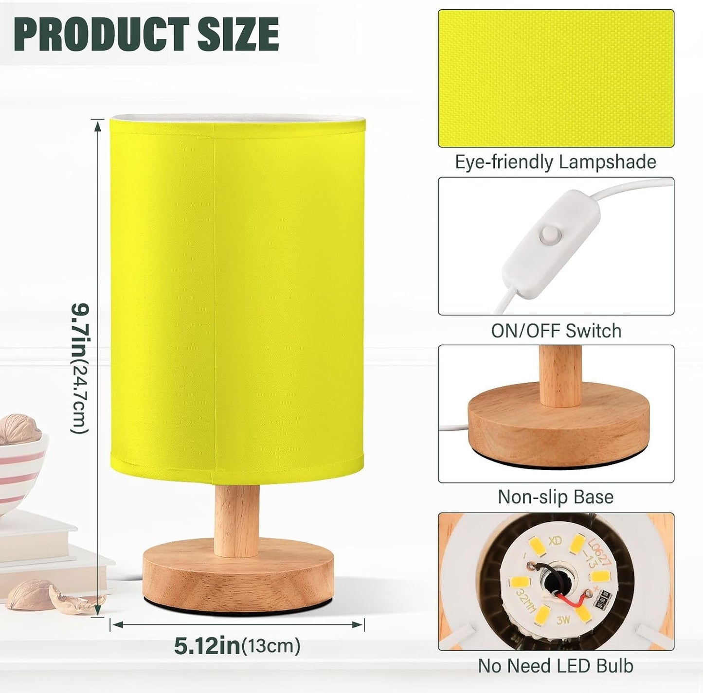 Bright Yellow Table Lamp for Bedroom Bedside Lamps for Night Stands Nightstand Lamp with Round Fabric Shade Small Lamps for Living Room Home Office Dorm Reading