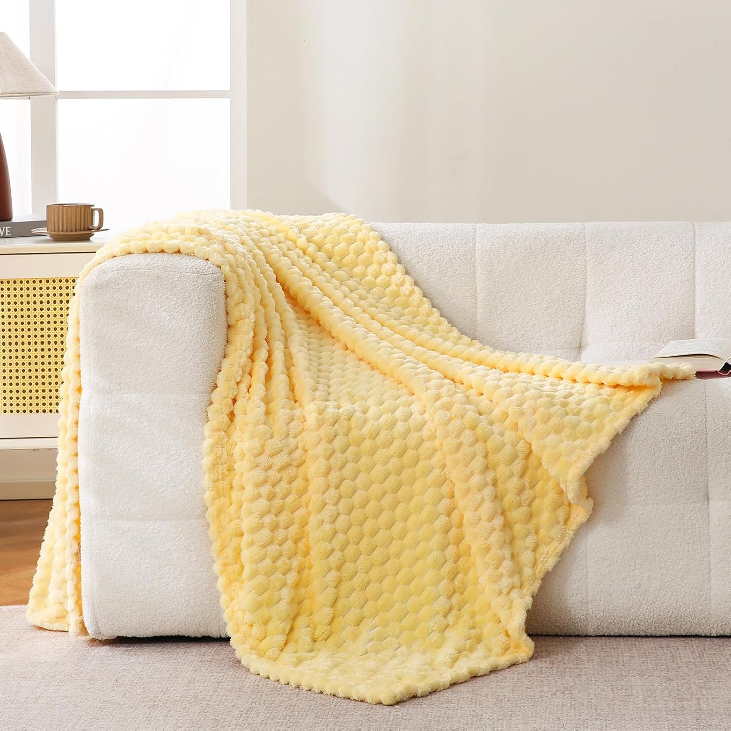 Light Yellow Flannel Throw Blanket (50X40 inches), 300 GSM Fleece Cozy Warm Soft Lightweight Bed Sofa Blanket for Babys and Pets, Suitable for All Seasons