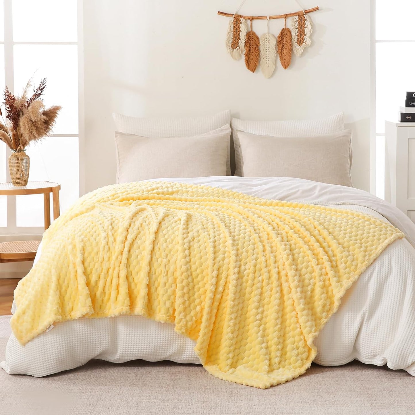 Light Yellow Flannel Throw Blanket (50X40 inches), 300 GSM Fleece Cozy Warm Soft Lightweight Bed Sofa Blanket for Babys and Pets, Suitable for All Seasons