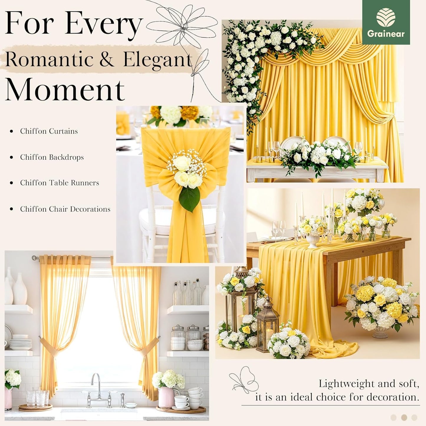 Amber Yellow Chiffon Fabric by The Yard – 60" Wide Soft Sheer Fabric for Wedding Arch Draping, Table Runner, Backdrop, Dressmaking & DIY Craft Projects (5 Yards)