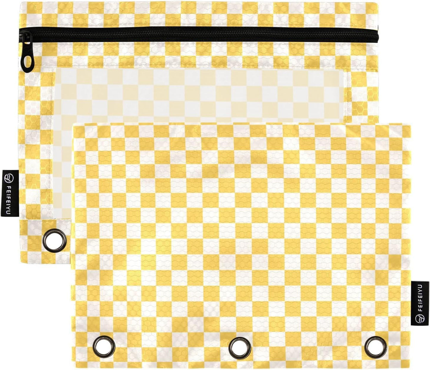 Checkerboard Yellow Pencil Pouch for 3 Ring Binder 2 Pack Binder Pencil Case with Clear Window Pencils Bags with Zipper for Office School College Supplies