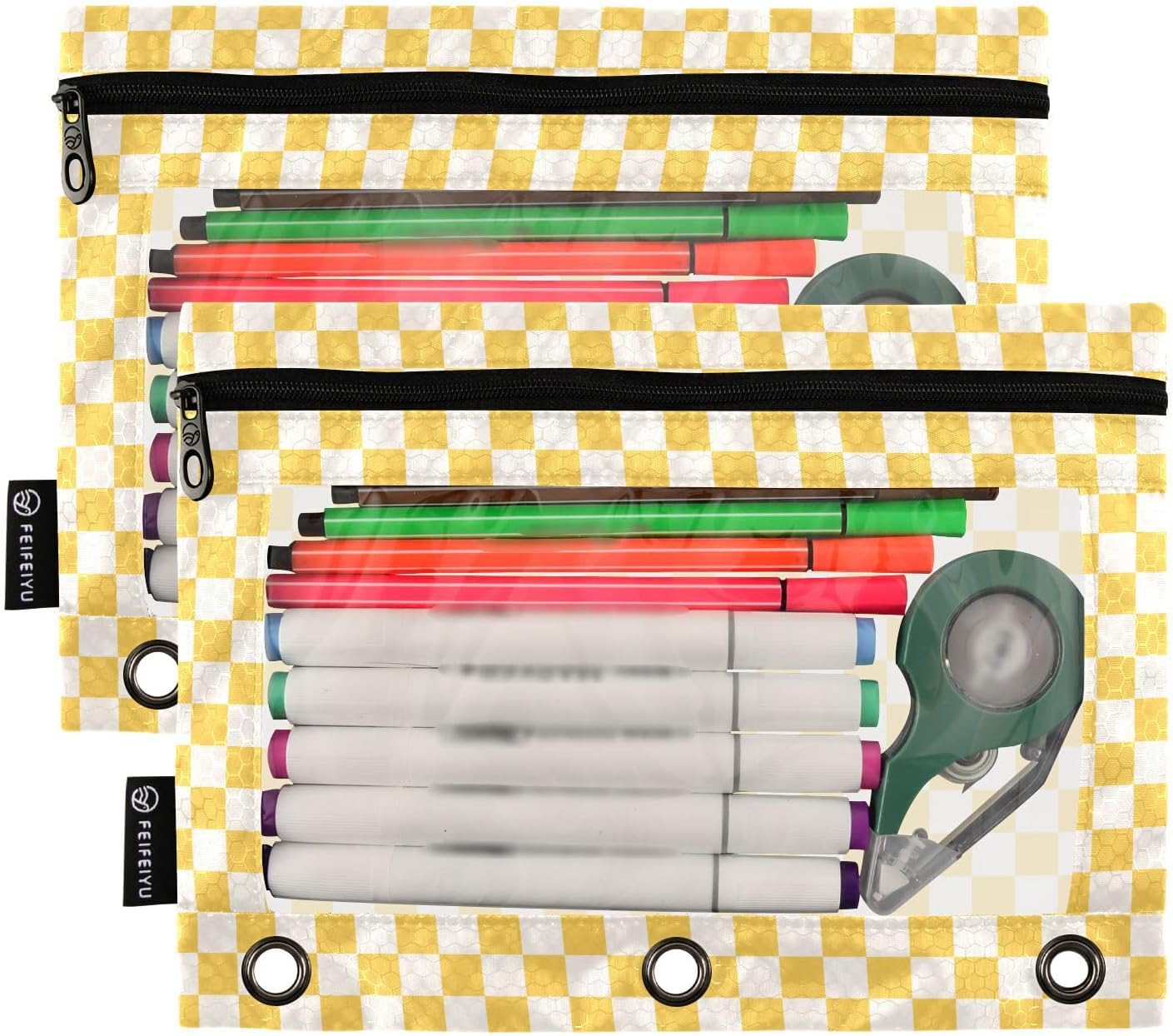 Checkerboard Yellow Pencil Pouch for 3 Ring Binder 2 Pack Binder Pencil Case with Clear Window Pencils Bags with Zipper for Office School College Supplies