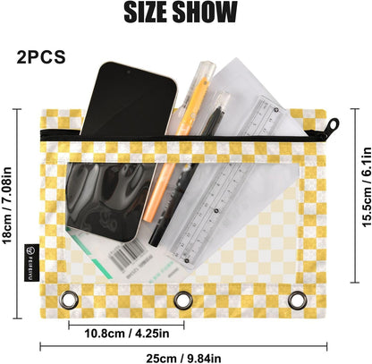 Checkerboard Yellow Pencil Pouch for 3 Ring Binder 2 Pack Binder Pencil Case with Clear Window Pencils Bags with Zipper for Office School College Supplies