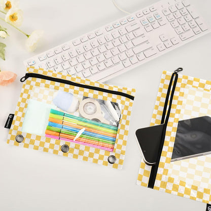 Checkerboard Yellow Pencil Pouch for 3 Ring Binder 2 Pack Binder Pencil Case with Clear Window Pencils Bags with Zipper for Office School College Supplies