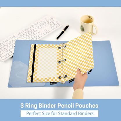 Checkerboard Yellow Pencil Pouch for 3 Ring Binder 2 Pack Binder Pencil Case with Clear Window Pencils Bags with Zipper for Office School College Supplies