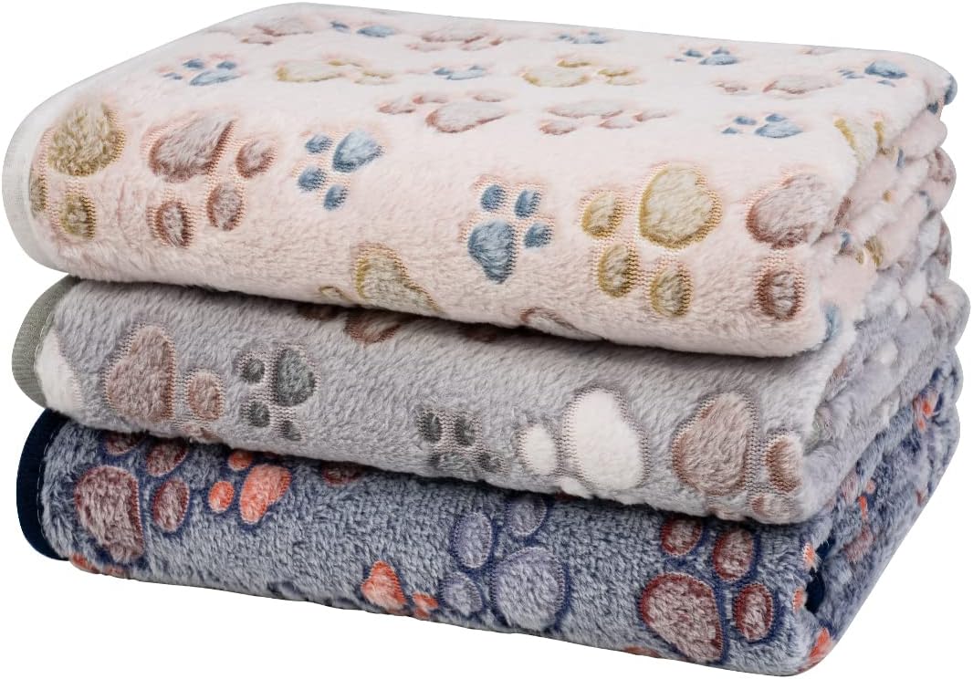 1 Pack 3 Dog Blankets, Soft Fluffy Fleece Pet Blanket Warm Sleep Mat Paw Print Design Puppy Kitten Throw Blanket Doggy Mat, Blanket for Dogs
