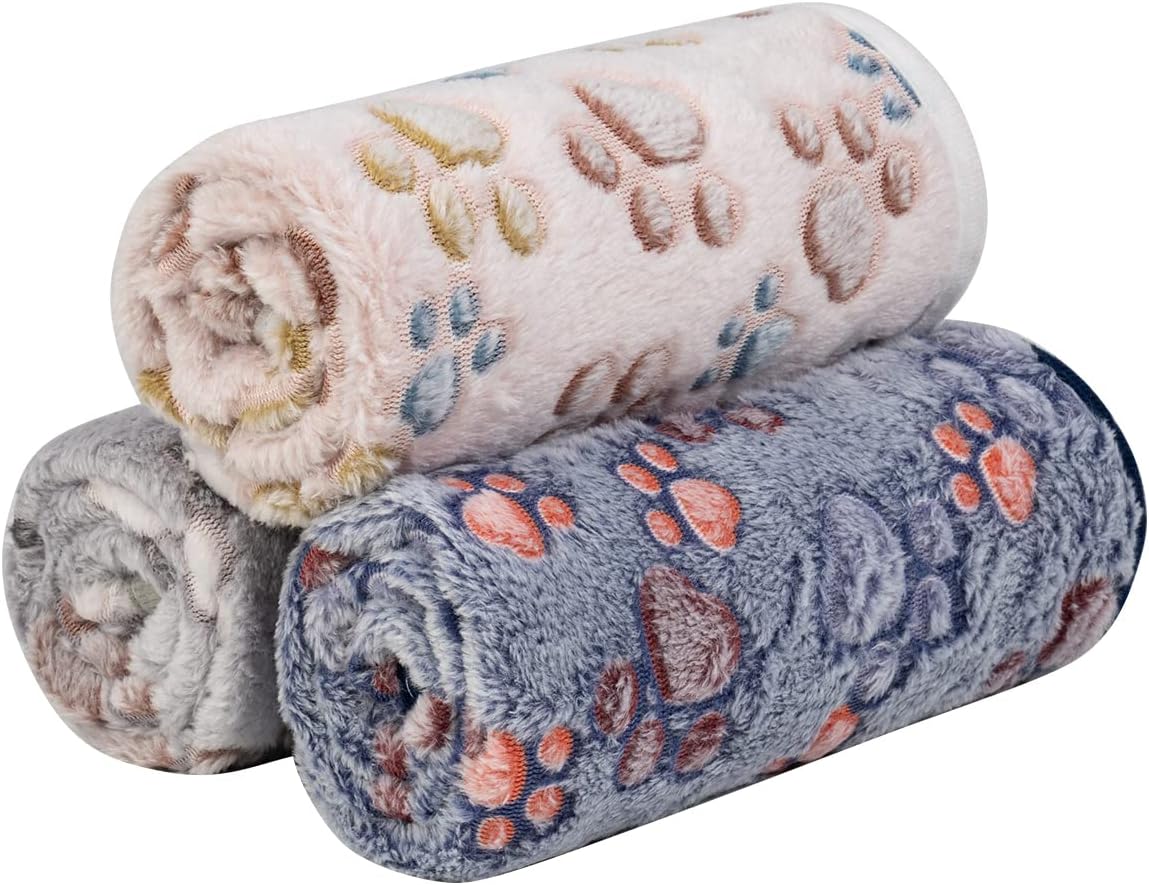 1 Pack 3 Dog Blankets, Soft Fluffy Fleece Pet Blanket Warm Sleep Mat Paw Print Design Puppy Kitten Throw Blanket Doggy Mat, Blanket for Dogs